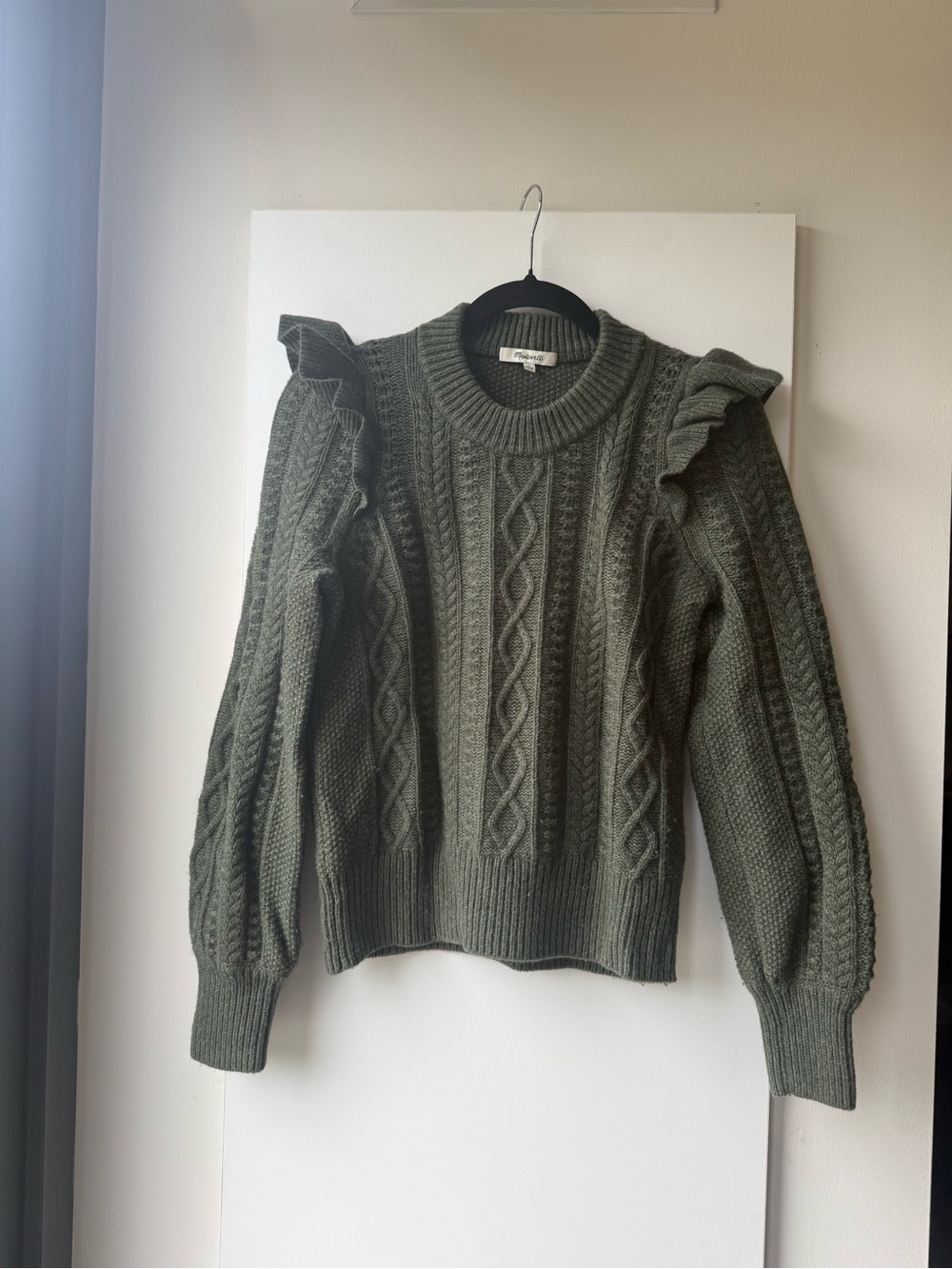 Madewell Olive Green Ruffle-Shoulder Cable Knit Sweater